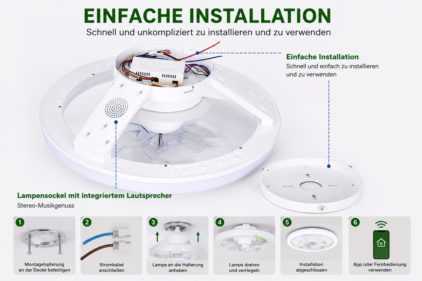 Deckenventilator mit LED Beleuchtung, RGB-Licht & Bluetooth-Lautsprecher
