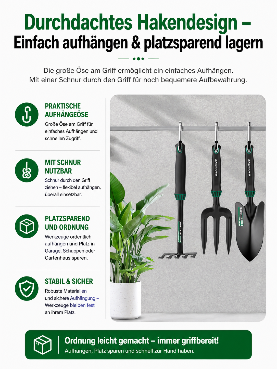 Robustes 3-teiliges Gartenwerkzeug-Set aus Hochleistungsstahl – Pflanzschaufel, 5-Zinken-Grabegabel & Unkrautjäter – Ergonomisch & rutschfest für komfortables Arbeiten