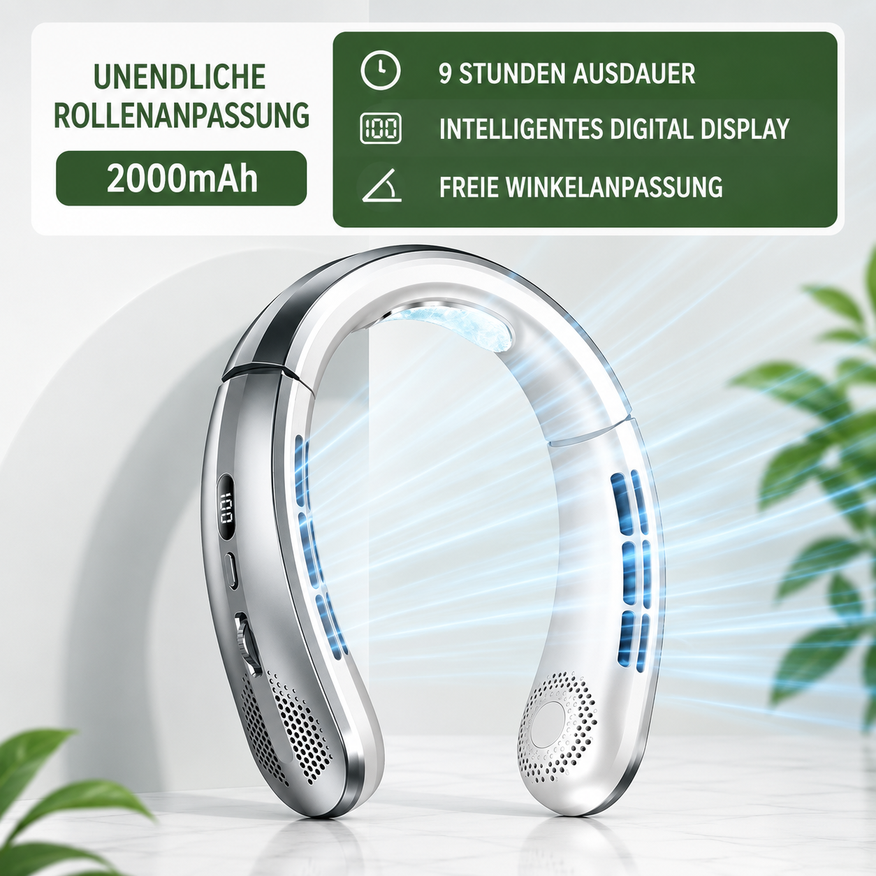 Tragbarer Nackenventilator in Blau mit LED-Display und 100 Geschwindigkeitsstufen