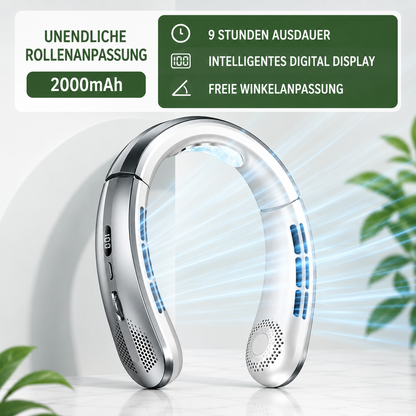 Tragbarer Nackenventilator in Blau mit LED-Display und 100 Geschwindigkeitsstufen