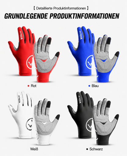 atmungsaktive Radsport-Handschuhe für Damen und Herren Produktübersicht mit vier Farboptionen der Fahrradhandschuhe. Gezeigt werden die Varianten Rot, Blau, Weiß und Schwarz jeweils mit Ober- und Unterseite. Alle Modelle verfügen über eine gepolsterte Handfläche, atmungsaktive Materialien und Touchscreen-kompatible Fingerspitzen.