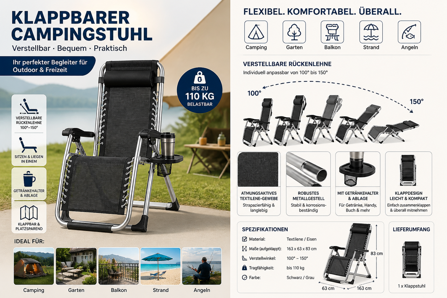 Campingstuhl klappbar mit verstellbarer Lehne und Getränkehalter für Komfort beim Camping und Outdoor-Aktivitäten.