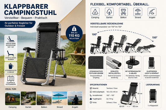 Campingstuhl klappbar mit verstellbarer Lehne und Getränkehalter für Komfort beim Camping und Outdoor-Aktivitäten.