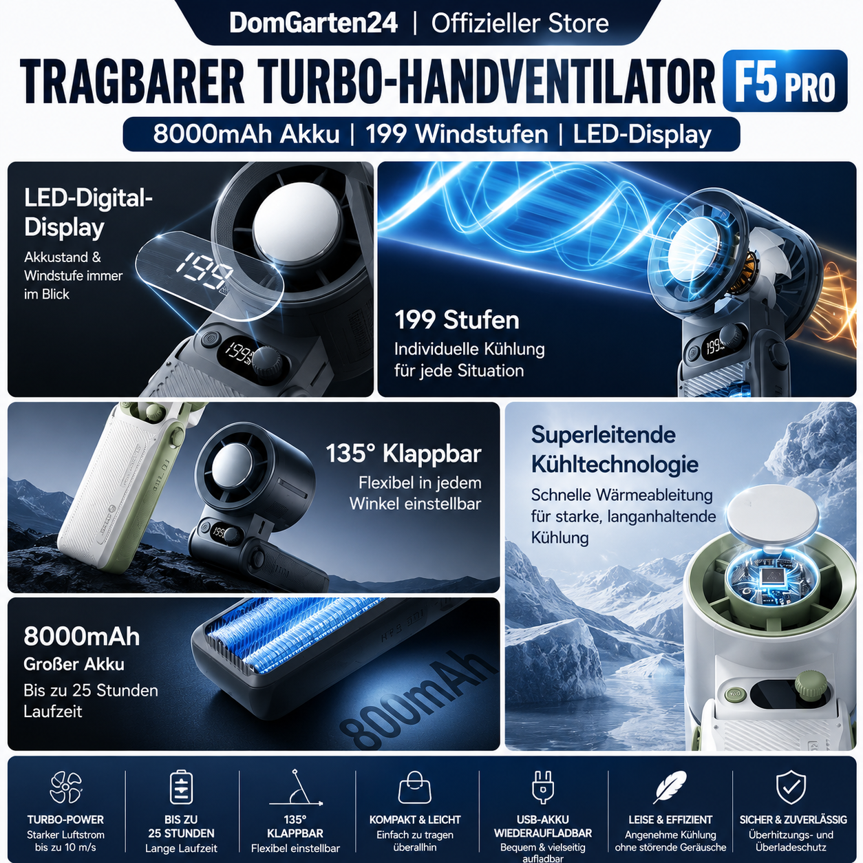 Tragbarer Turbo-Handventilator F5 Pro – 8000mAh Akku, 199 Windstufen & LED-Display
