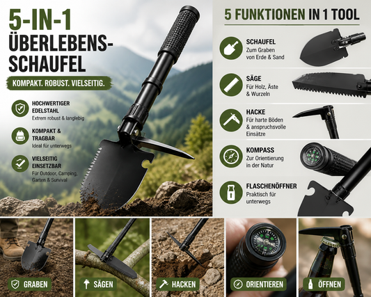 5-in-1 Überlebensschaufel kompakt – Taktikspaten aus Edelstahl mit Säge, Kompass & Flaschenöffner für Camping & Outdoor