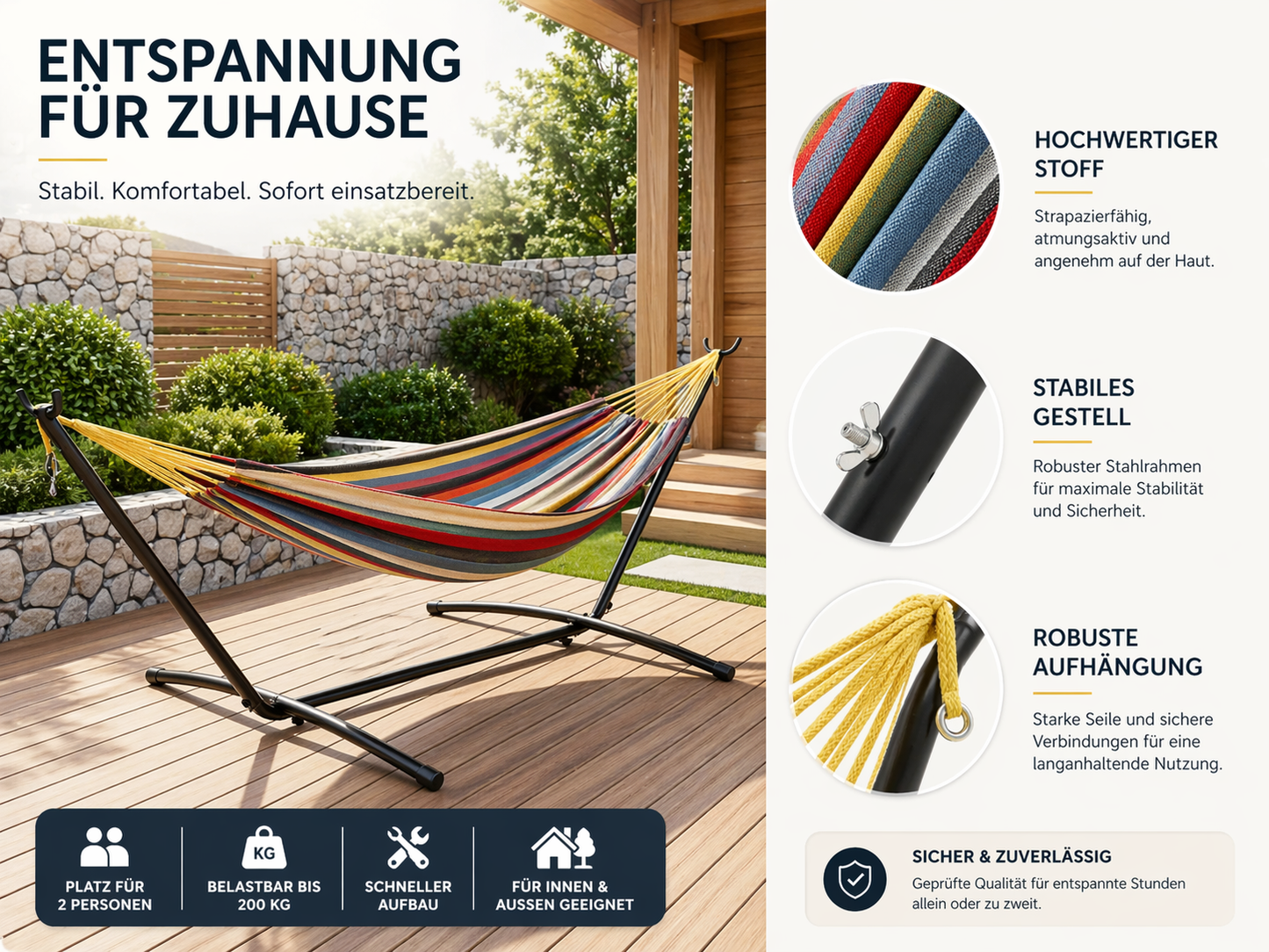 Doppel-Hängematte mit Gestell für 2 Personen – Outdoor & Indoor – Tragbare Gartenhängematte mit Stahlrahmen, 200 kg belastbar, inkl. Tragetasche