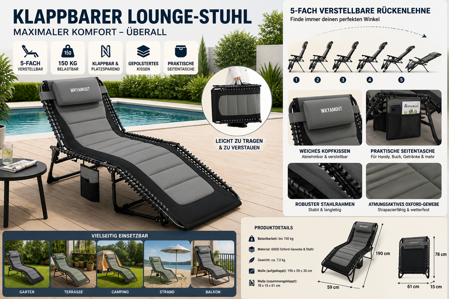 Klappbarer Outdoor Liegestuhl robust und belastbar bis 150 kg für Camping und Strand