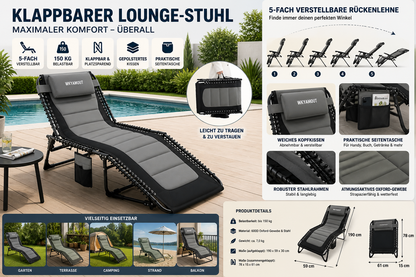 Klappbarer Outdoor Liegestuhl robust und belastbar bis 150 kg für Camping und Strand
