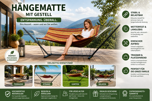 2 Personen Hängematte mit Gestell – Outdoor & Indoor, Verstellbarer Stahlrahmen, Wetterfest, inkl. Kissen – Bis 200kg Belastbar
