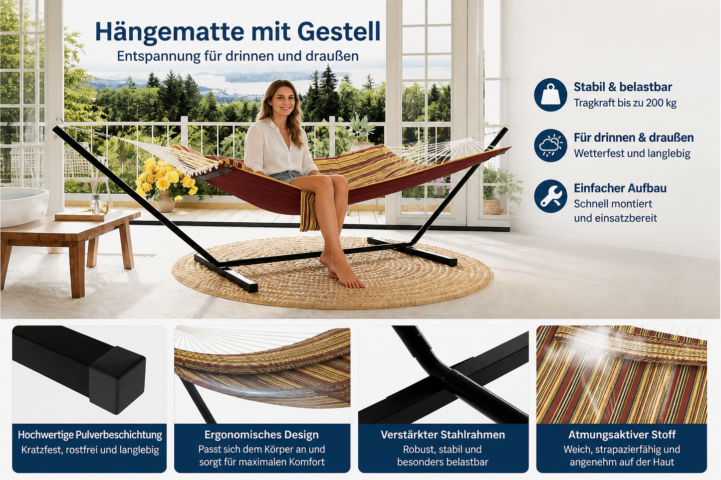 2 Personen Hängematte mit Gestell – Outdoor & Indoor, Verstellbarer Stahlrahmen, Wetterfest, inkl. Kissen – Bis 200kg Belastbar