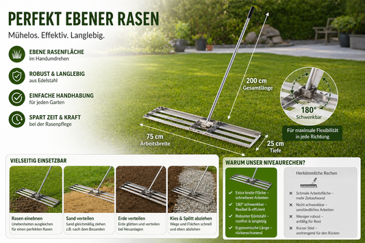 75×25×200 cm Rasenplanierer T-Form – Edelstahl Nivellierrechen mit 180° Schwenkkopf für perfekten Rasen