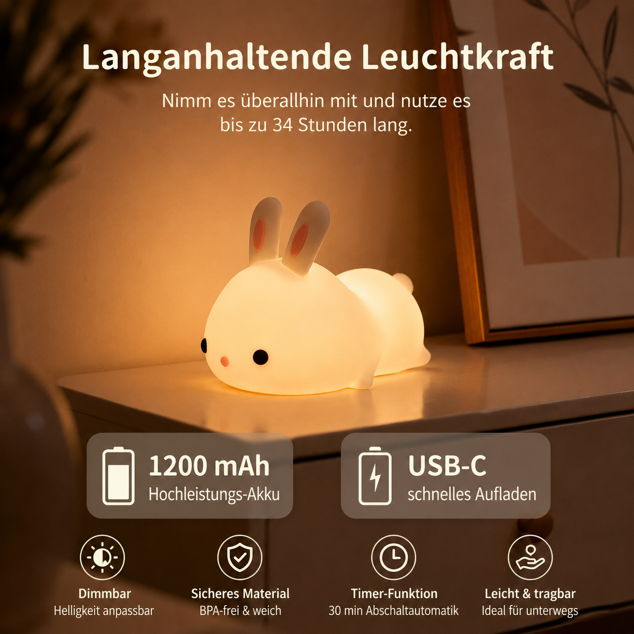 Kaninchen Nachtlicht LED mit Touch-Steuerung und Akku