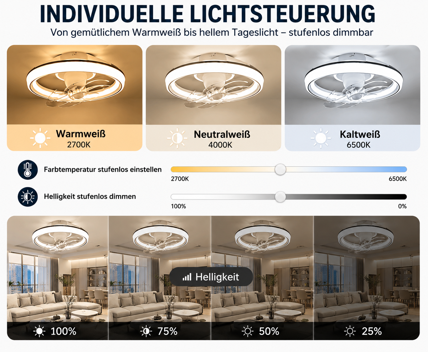 Deckenventilator mit LED Beleuchtung, RGB-Licht & Bluetooth-Lautsprecher