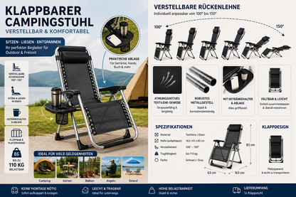 Campingstuhl klappbar mit Produktdetails und Funktionen