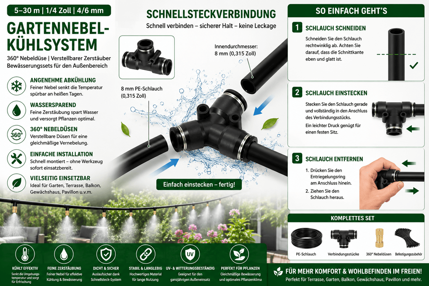Nebelkühlsystem Garten mit 360° Nebeldüsen und Schnellsteckverbindung für erfrischende Abkühlung im Garten.