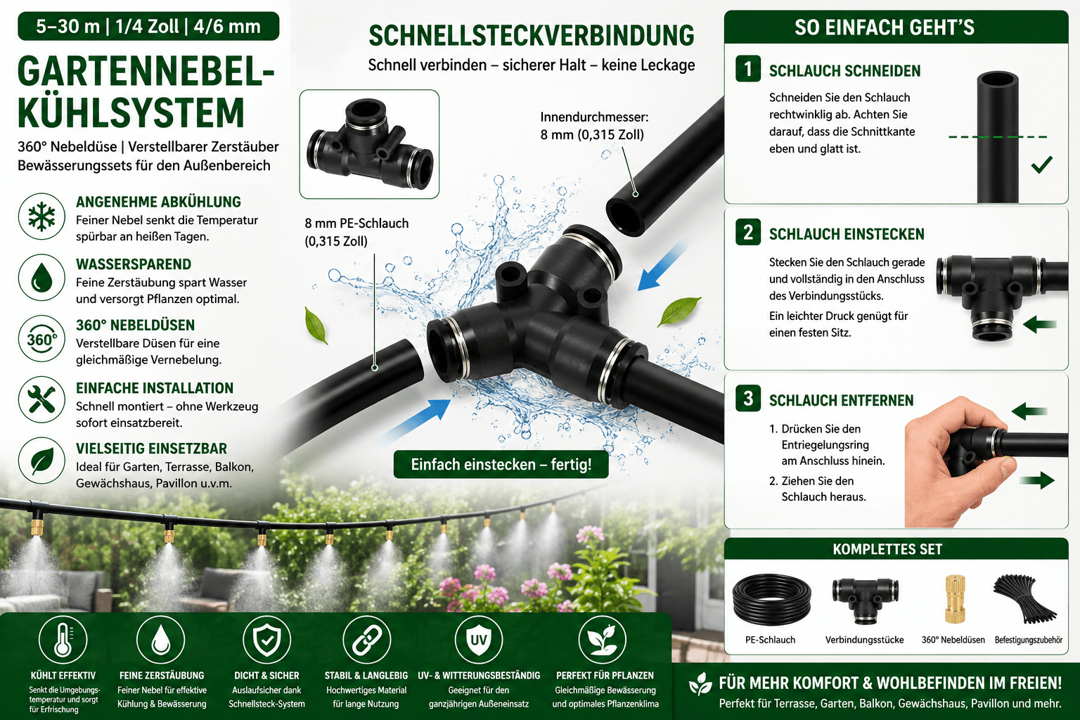 Nebelkühlsystem Garten mit 360° Nebeldüsen und Schnellsteckverbindung für erfrischende Abkühlung im Garten.
