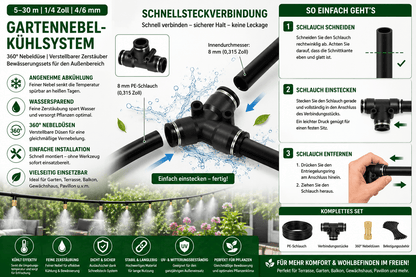 Nebelkühlsystem Garten mit 360° Nebeldüsen und Schnellsteckverbindung für erfrischende Abkühlung im Garten.
