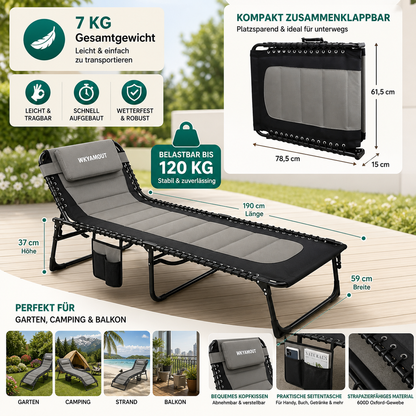 Klappbarer Outdoor Liegestuhl mit praktischem Klappsystem und platzsparendem Design