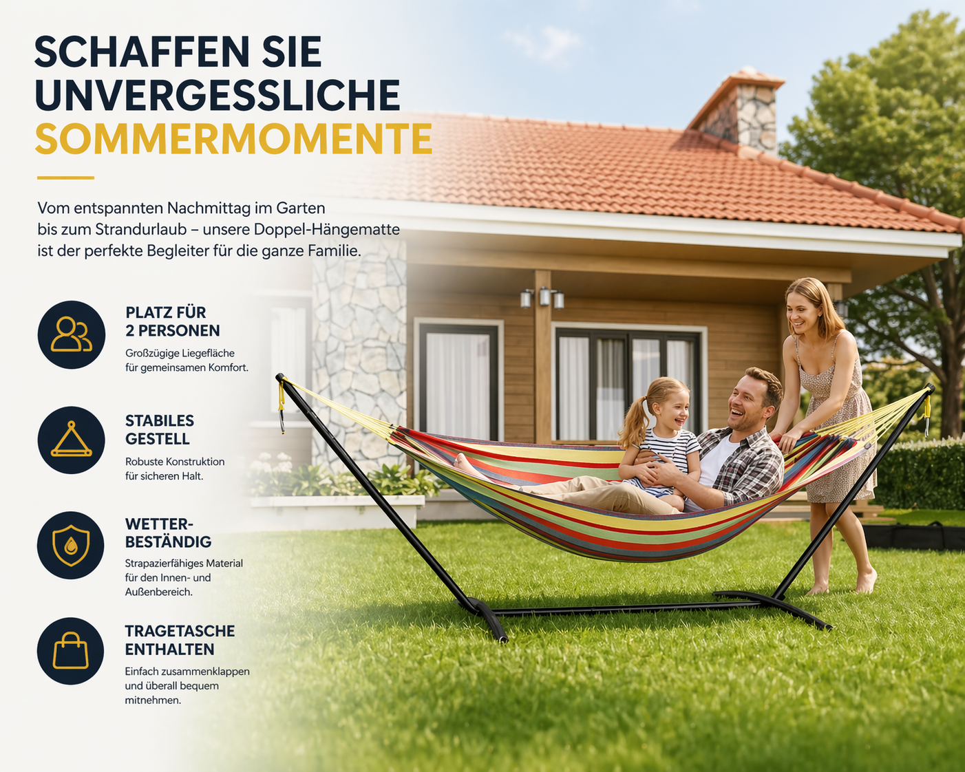 Doppel-Hängematte mit Gestell für 2 Personen – Outdoor & Indoor – Tragbare Gartenhängematte mit Stahlrahmen, 200 kg belastbar, inkl. Tragetasche