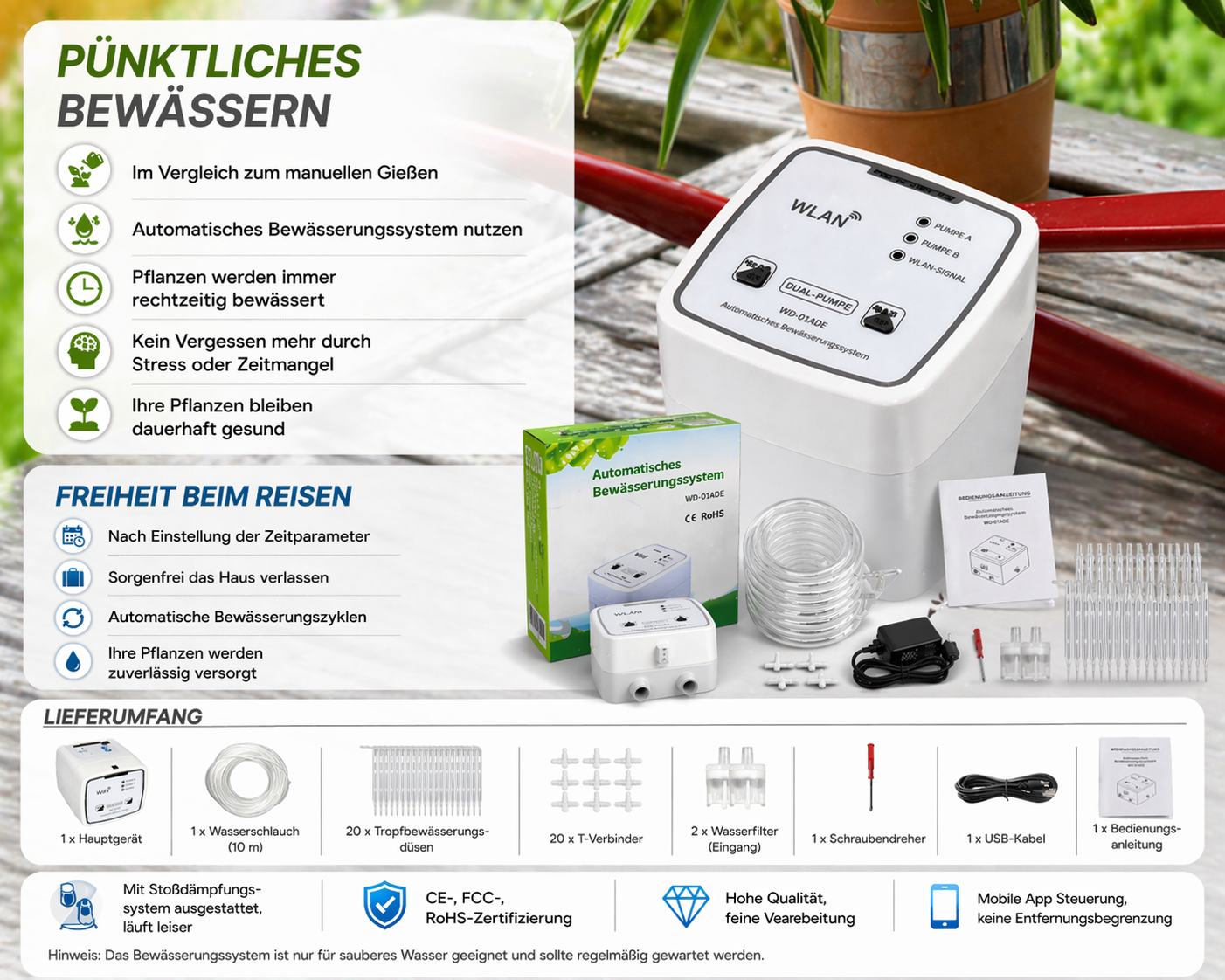 Smartes WiFi-Bewässerungssystem mit Pumpe – Automatische Pflanzenbewässerung für bis zu 20 Töpfe
