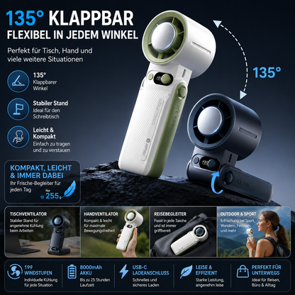 Tragbarer Turbo-Handventilator F5 Pro – 8000mAh Akku, 199 Windstufen & LED-Display