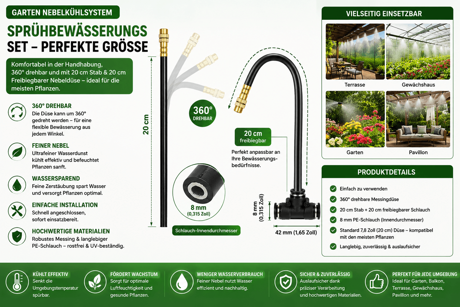 Nebelkühlsystem Garten mit 360° Nebeldüsen und Schnellsteckverbindung für erfrischende Abkühlung im Garten.