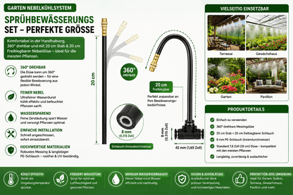 Nebelkühlsystem Garten mit 360° Nebeldüsen und Schnellsteckverbindung für erfrischende Abkühlung im Garten.