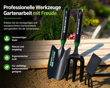 3-teiliges Gartenwerkzeug-Set mit Pflanzschaufel, Grabegabel und Unkrautjäter auf einer Holzbank