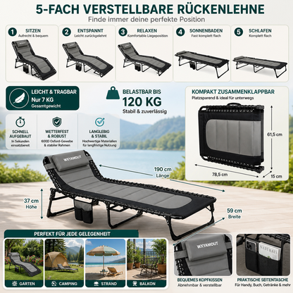 Klappbarer Outdoor Liegestuhl mit praktischem Zubehör und modernem Komfortdesign