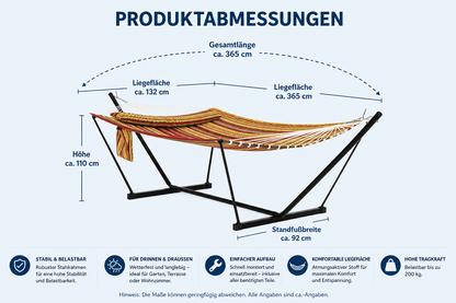 2 Personen Hängematte mit Gestell – Outdoor & Indoor, Verstellbarer Stahlrahmen, Wetterfest, inkl. Kissen – Bis 200kg Belastbar