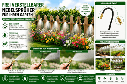 Nebelkühlsystem Garten mit 360° Nebeldüsen und Schnellsteckverbindung für erfrischende Abkühlung im Garten.