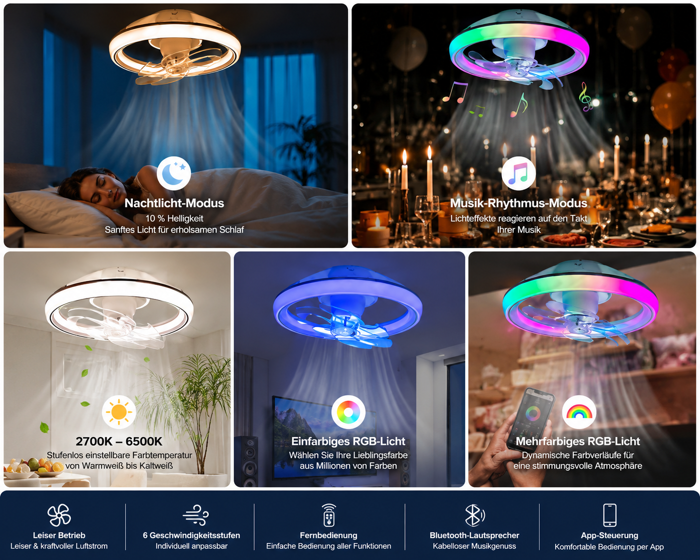 Deckenventilator mit LED Beleuchtung, RGB-Licht & Bluetooth-Lautsprecher