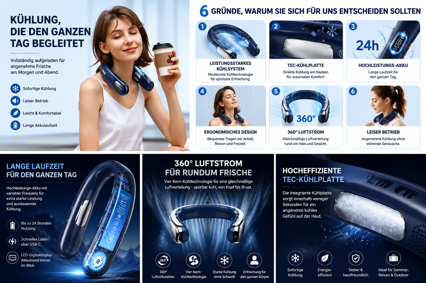 Leiser Tragbarer Nackenventilator für Arbeit, Reisen und Sommer