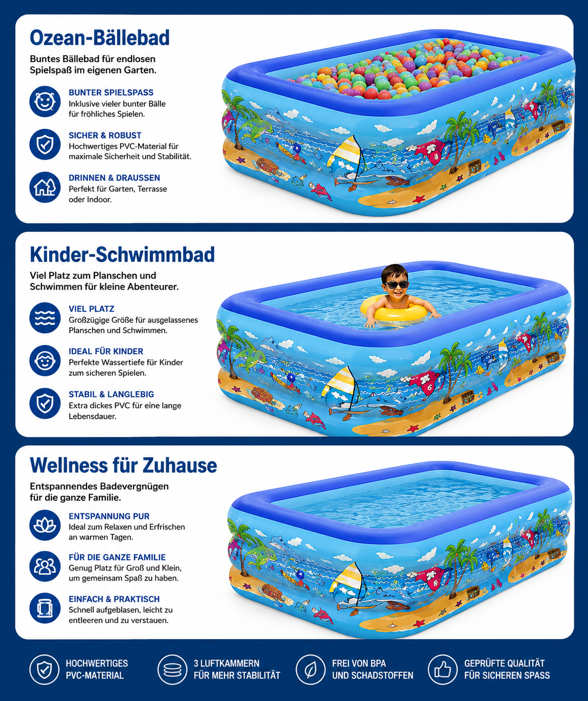 Aufblasbarer Familienpool – Rechteckiges Kinderpool & Planschbecken für Garten und Sommer