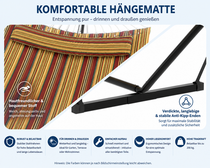 2 Personen Hängematte mit Gestell – Outdoor & Indoor, Verstellbarer Stahlrahmen, Wetterfest, inkl. Kissen – Bis 200kg Belastbar