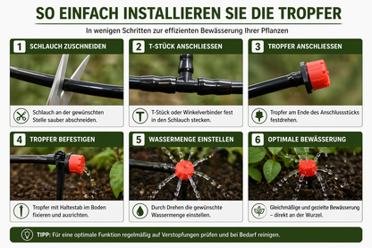 Tropfbewässerungssystem mit Beispielen zur Montage der Tropfer