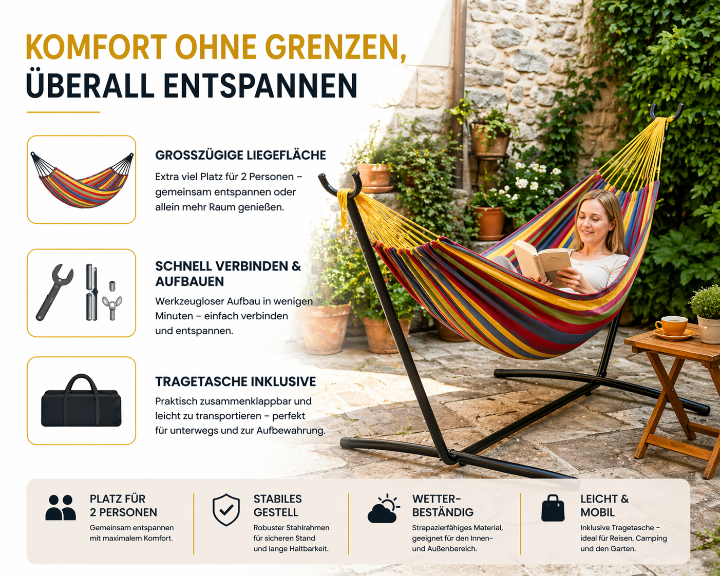 Doppel-Hängematte mit Gestell für 2 Personen – Outdoor & Indoor – Tragbare Gartenhängematte mit Stahlrahmen, 200 kg belastbar, inkl. Tragetasche