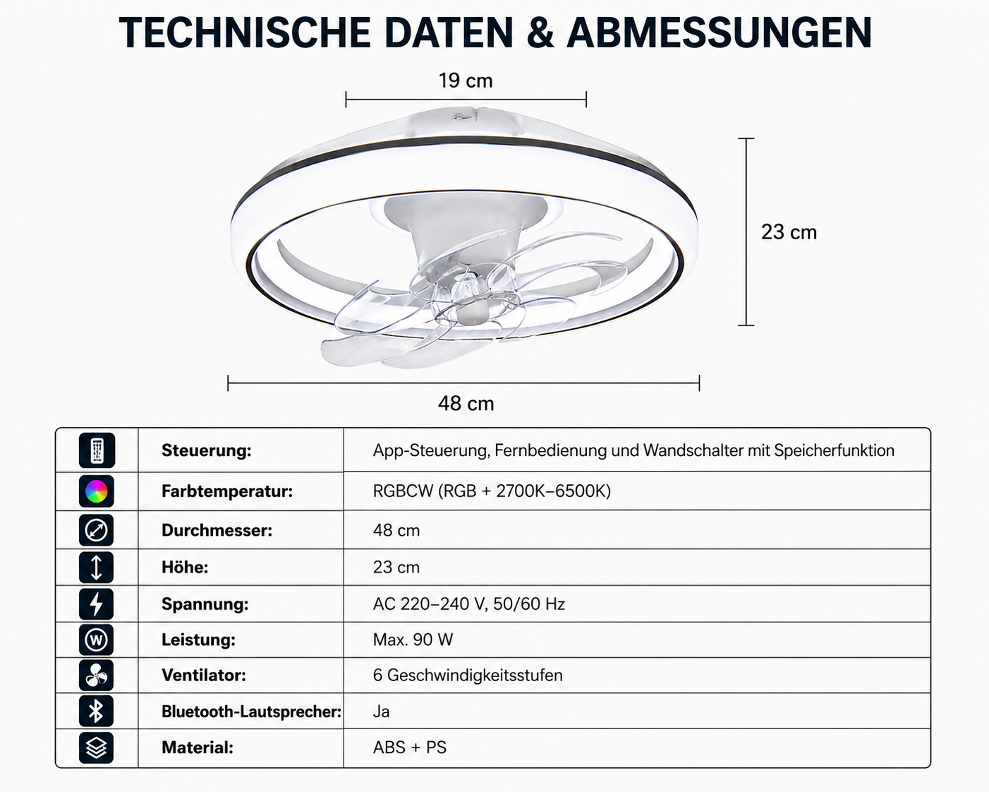 Deckenventilator mit LED Beleuchtung, RGB-Licht & Bluetooth-Lautsprecher
