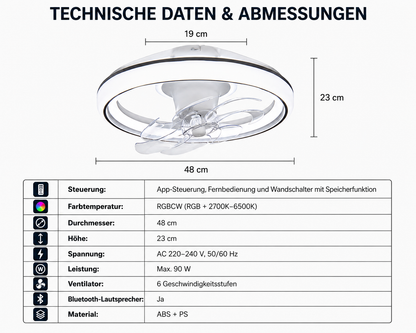 Deckenventilator mit LED Beleuchtung, RGB-Licht & Bluetooth-Lautsprecher
