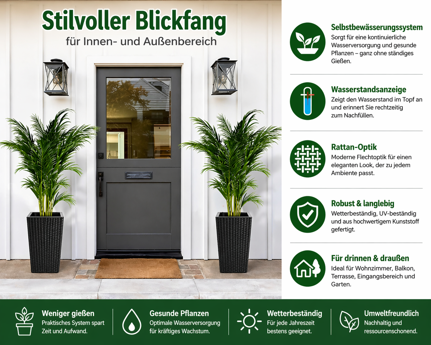 2er Set Selbstbewässernde Blumentöpfe mit Wasserstandsanzeige – 40 cm Rattan-Optik Pflanzgefäße für Innen & Außen, Wetterfest, Weiß