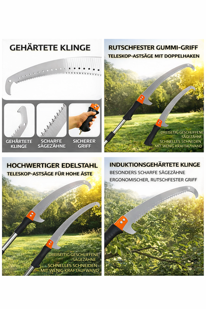 Teleskop-Gartensäge mit Übersicht der wichtigsten Funktionen