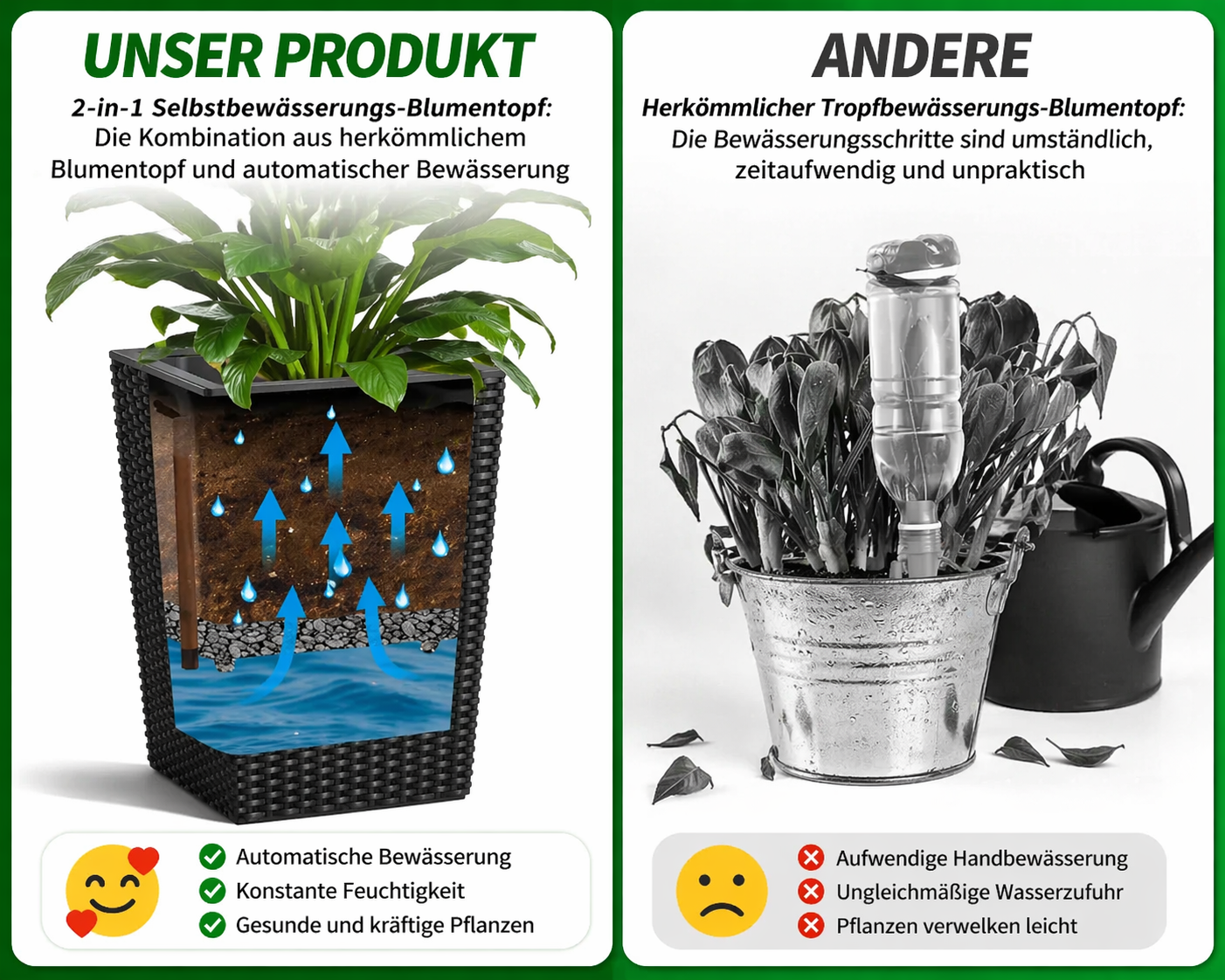 2er Set Selbstbewässernde Blumentöpfe mit Wasserstandsanzeige – 40 cm Rattan-Optik Pflanzgefäße für Innen & Außen, Wetterfest, Weiß