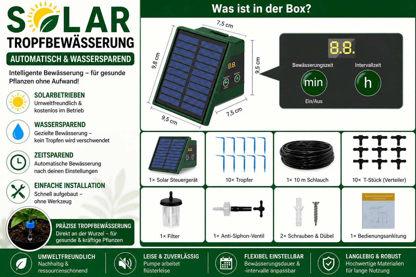 Solar Tropfbewässerungssystem für Hochbeet und Gewächshaus set