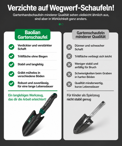 3-teiliges Gartenwerkzeug-Set mit Übersicht der Funktionen und Einsatzmöglichkeiten