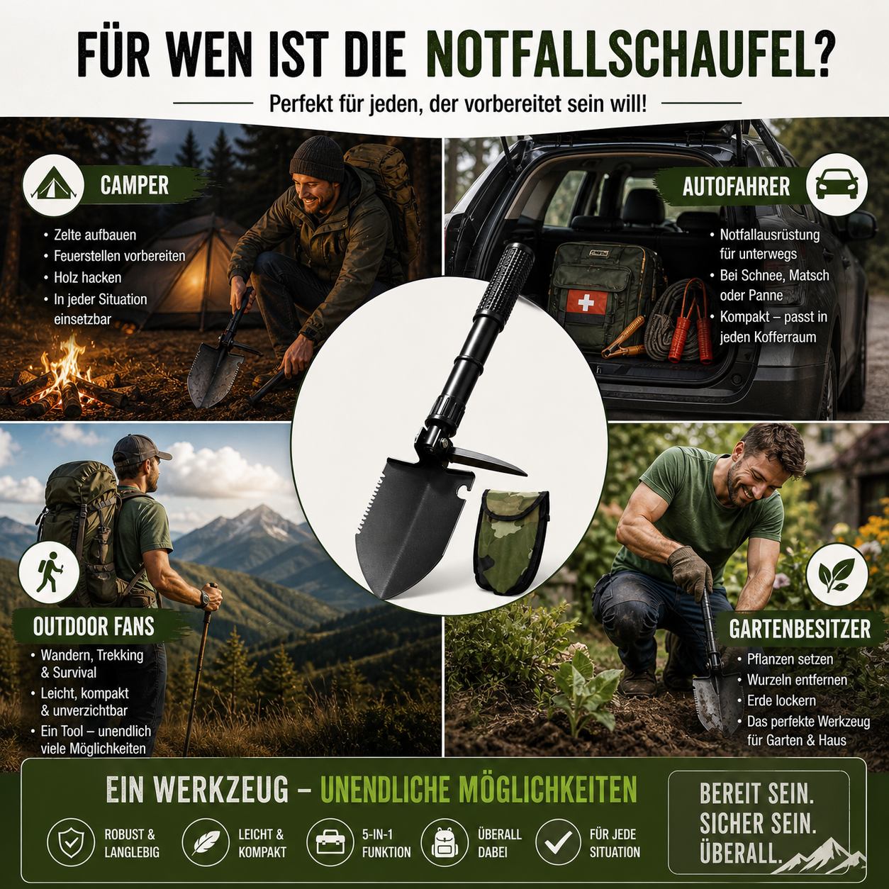 5-in-1 Überlebensschaufel kompakt – Taktikspaten aus Edelstahl mit Säge, Kompass & Flaschenöffner für Camping & Outdoor