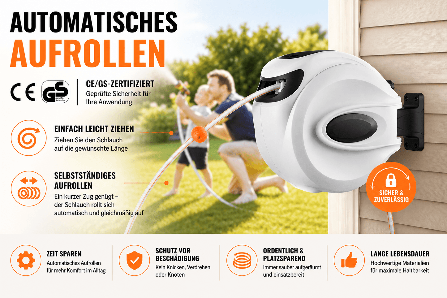 Automatische Schlauchtrommel mit Wandhalterung überall in ihrem garten erreichbar