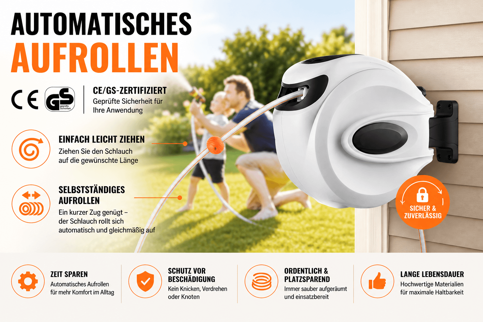 Automatische Schlauchtrommel mit Wandhalterung überall in ihrem garten erreichbar