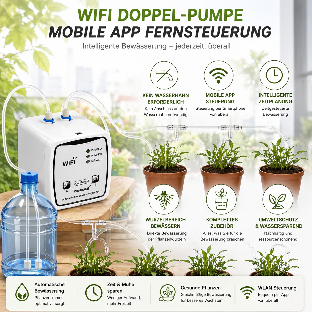 Smartes WiFi-Bewässerungssystem mit Pumpe – Automatische Pflanzenbewässerung für bis zu 20 Töpfe