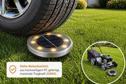 Solar-Bodenleuchten IP65 mit belastbarem Gehäuse neben einem Autoreifen