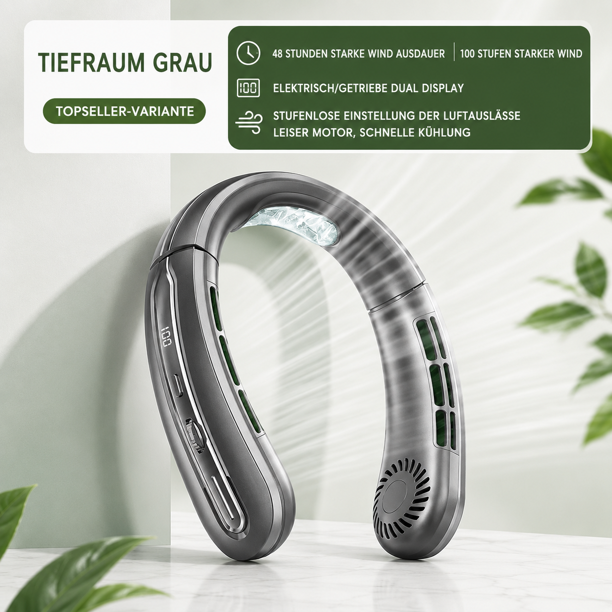 Tragbarer Nackenventilator in Grau für Sport, Camping und Outdoor-Aktivitäten